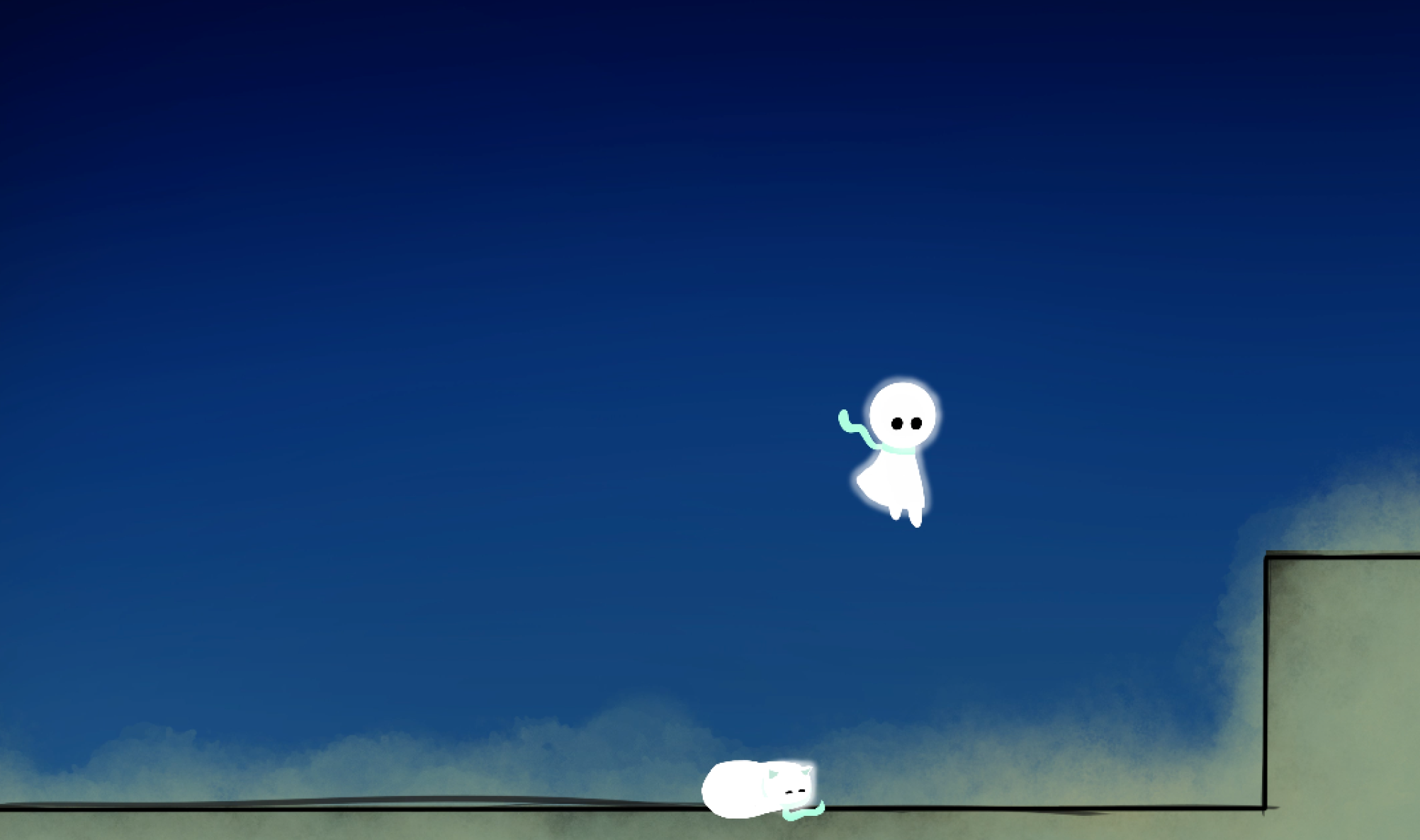 player character mid-jump with sleeping cat on floor